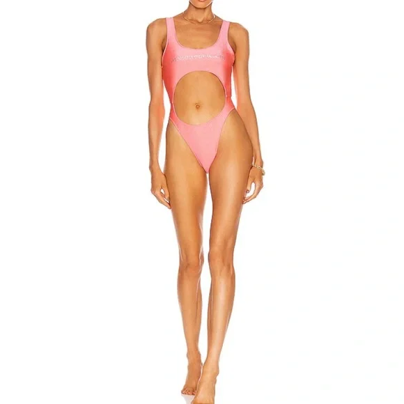 NWT Alexander Wang Rhinestone Logo Cutout Swimsuit Neon Pink One Piece Size S - Picture 1 of 10